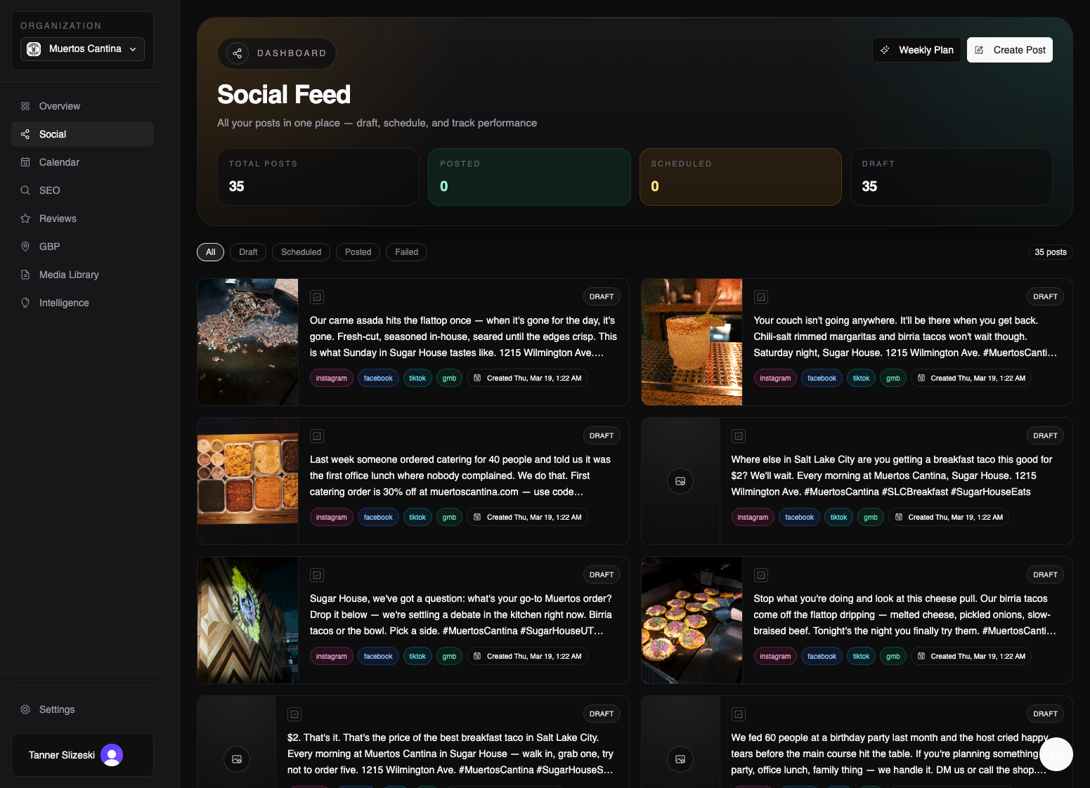 Trellis Content Studio showing 35 draft posts for Muertos Cantina